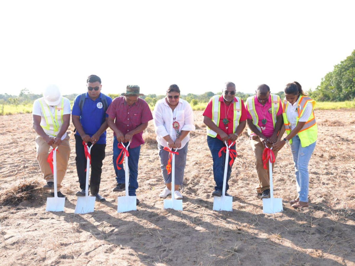 Minister of Education Priya Manickchand (fourth from left) at the sod turning (Ministry of Education photo)