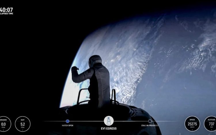 Jared Isaacman emerges from a hatch structure called 'Skywalker' during the first-ever spacewalk by non-professional astronauts. Photo: Supplied / SpaceX