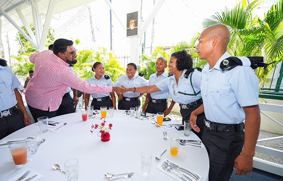 Commander-in-Chief of the Armed Forces, President Irfaan Ali hosted a luncheon yesterday to honour Indigenous representatives from the Joint Services, at State House. In his address, the President spoke of the drive of his Government to give all Guyanese opportunities to enhance their development and lauded the “human transformation” taking place in the country, especially in indigenous communities. In this Office of the President photo, President Irfaan Ali (left) shakes hands with one of the attendees.