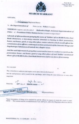 A copy of the search warrant for Debbie Tyson’s residence