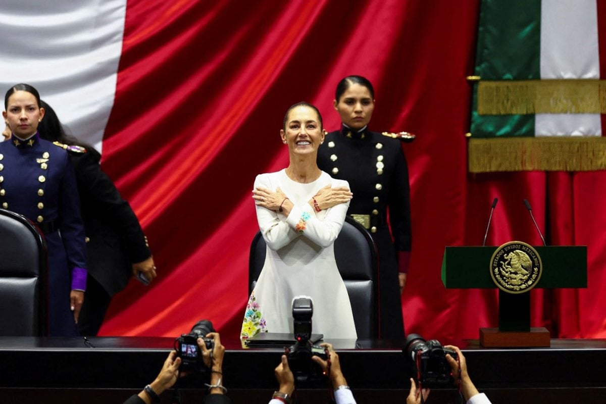 Mexico's President-elect Claudia Sheinbaum gestures during her swearing-in ceremony at Congress, in Mexico City, Mexico, October 1, 2024. REUTERS/Raquel Cunha 