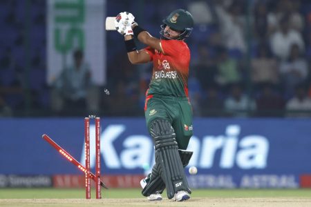 Parvez Hossain Emon
is bowled for 16 by Arshdeep Singh (ESPN Cricinfo Photo).