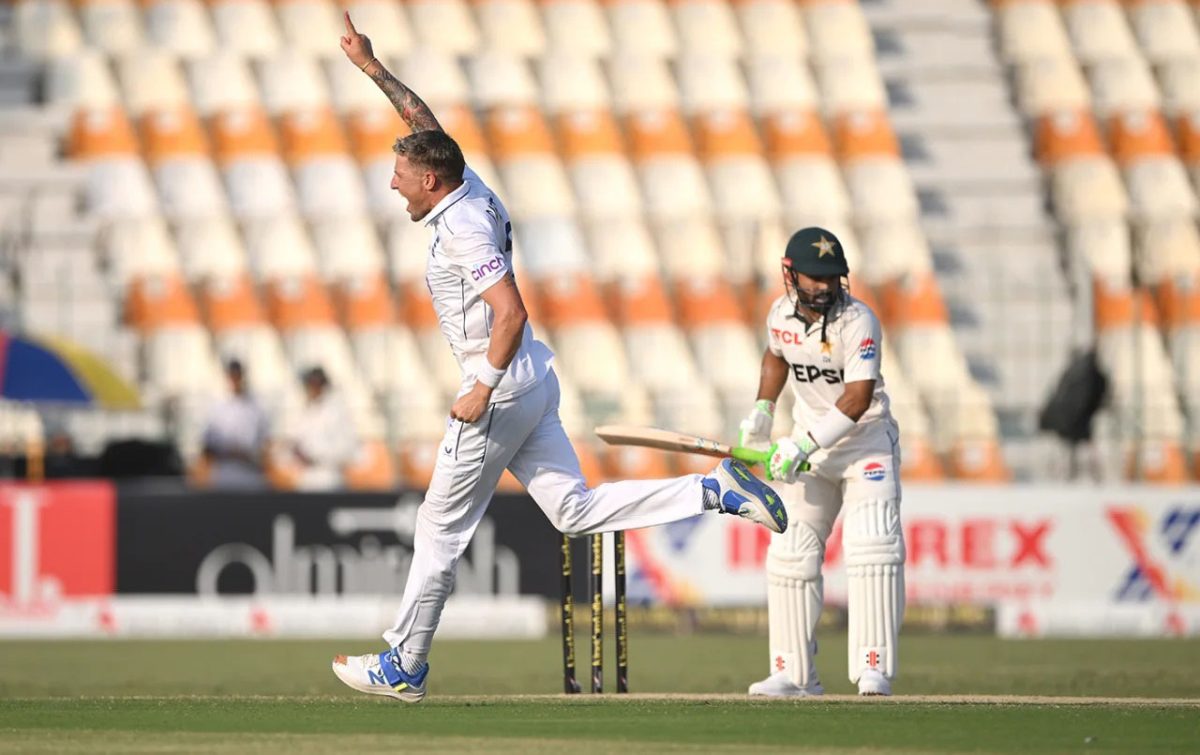 Brydon Carse celebrates after bowling Mohammad Rizwan for 10 (ESPN Cricinfo Photo).