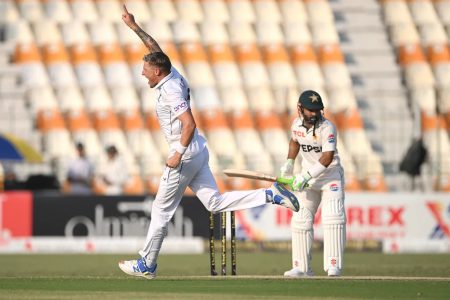 Brydon Carse celebrates after bowling Mohammad Rizwan for 10 (ESPN Cricinfo Photo).