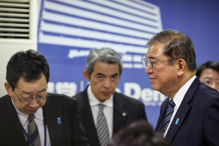 Japan's Prime Minister Shigeru Ishiba attends a media conference at the Liberal Democratic Party's (LDP) headquarters on October 27, 2024 in Tokyo, Japan. Takashi Aoyama/ Pool via REUTERS