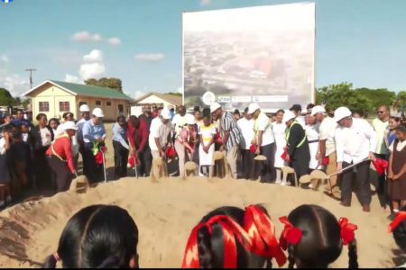 Turning the sod: President Irfaan Ali was among many who turned the sod for a new Lethem, Region Nine Hospital, which he also say will be a teaching facility