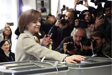 Moldova’s incumbent President and presidential candidate Maia Sandu casts her ballots at a polling station, as the country holds a presidential election and a referendum on joining the European Union, in Chisinau, Moldova October 20, 2024.