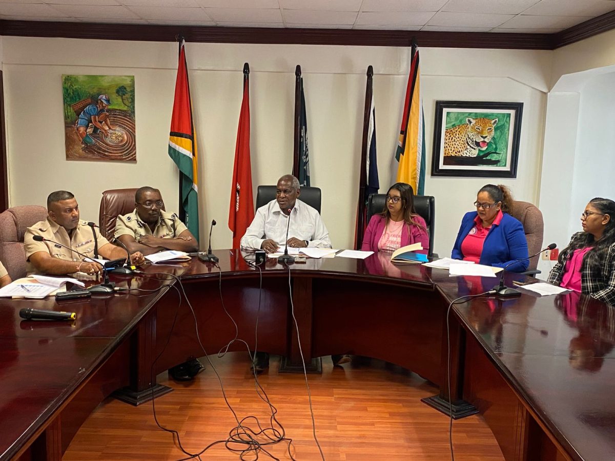 Minister of Home Affairs Robeson Benn (centre), Traffic Chief Senior Superintendent Mahendra Singh (left) along with other police officials and the ministry’s Public Relations team at the press conference 