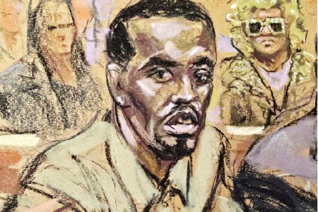 Sean ‘Diddy’ Combs’, with his mom seated in the back,
attends a hearing in federal court in the Manhattan borough
of New York City, U.S., October 10, 2024 in this courtroom sketch.