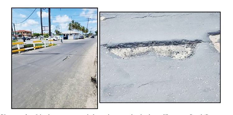 Photographs of the deteriorating asphalt overlay on the timber bridge at Vlissengen Road (between Princes Street and Mandela Avenue) on 15 August 2023.