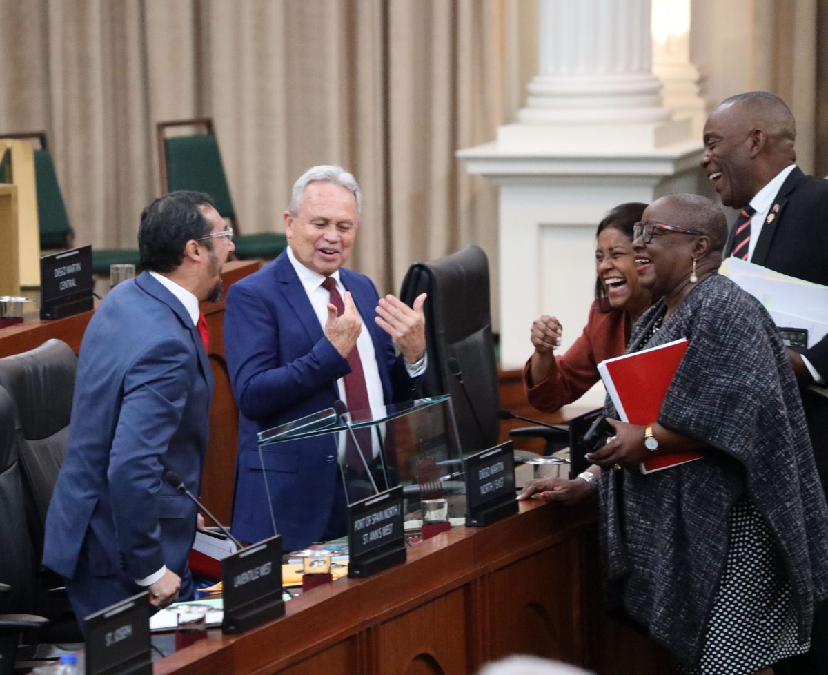 Energy Minister Stuart Young, from left, shares a joke with Finance Minister Colm Imbert, Trade Minister Paula Gopee-Scoon, Housing and Urban Development Minister Camille Robinson-Regis, and Tunapuna MP Esmond Forde after Monday’s 2025 Budget presentation.