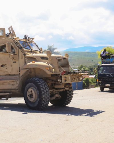 An armoured vehicle is driven out of a police station following the October 3 attack by members of the Gran Grif gang in Pont-Sonde that left several people dead, in Pont-Sonde, Haiti, October 7, 2024. REUTERS/Marckinson Pierre 