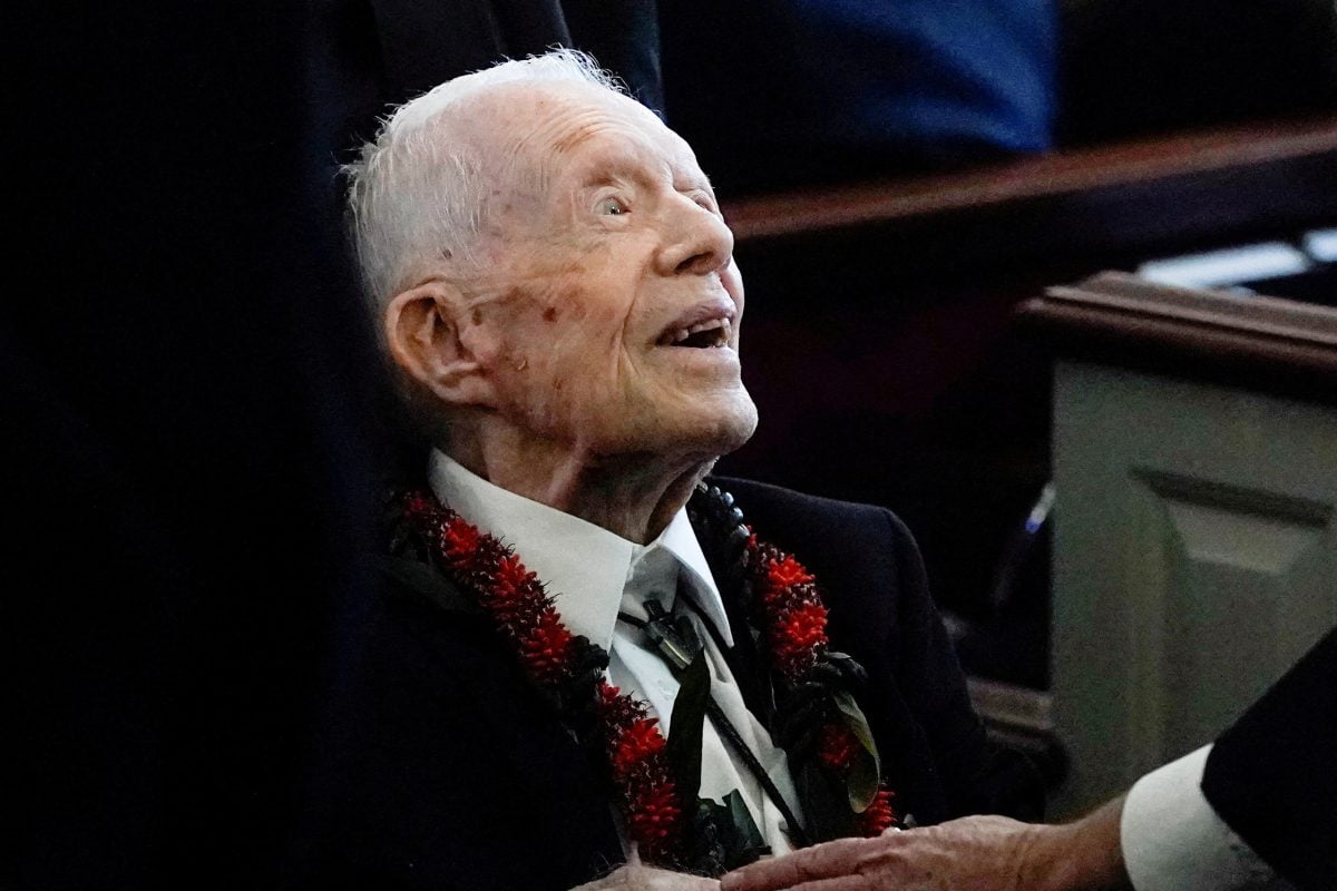 FILE PHOTO: Former U.S. President Jimmy Carter departs after the funeral service for former U.S. first lady Rosalynn Carter at Maranatha Baptist Church, in Plains, Georgia, U.S. November 29, 2023. Alex Brandon/Pool via REUTERS/File Photo