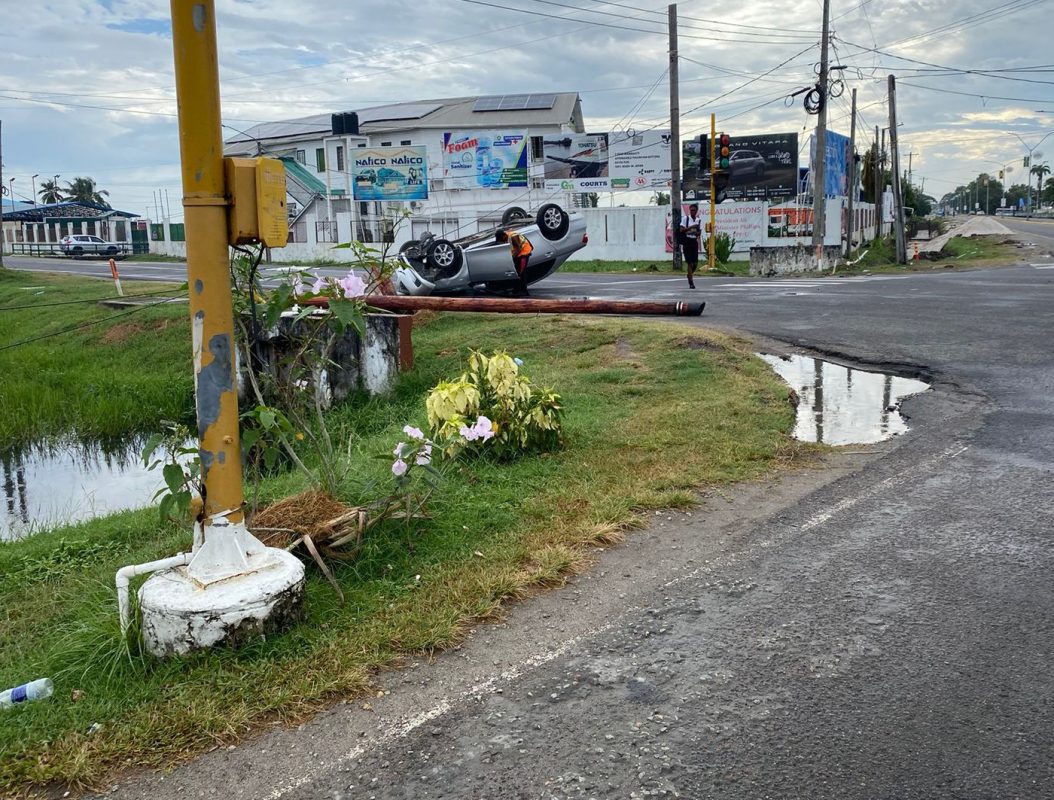  On Sunday morning this vehicle turned over after it smashed a utility pole on Camp Road just outside Police Headquarters, Eve Leary. 