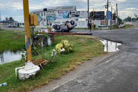  On Sunday morning this vehicle turned over after it smashed a utility pole on Camp Road just outside Police Headquarters, Eve Leary. 