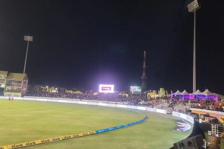 Two of the initial three lighting towers which went out, causing a delay that lasted nearly two hours during the Trinbago Knight Riders and Barbados Royals Eliminator fixture in the Caribbean Premier League at National Stadium in Providence.