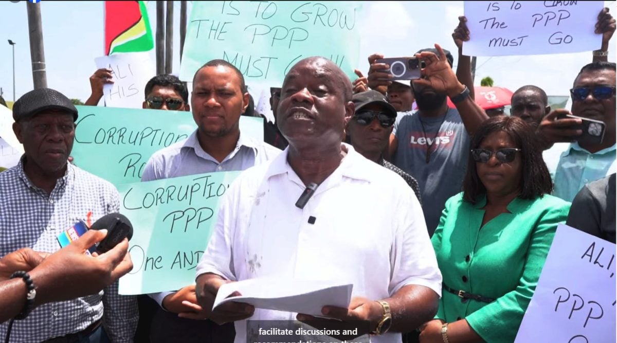 PNCR Leader and Opposition Leader Aubrey Norton speaking outside of Parliament yesterday.
