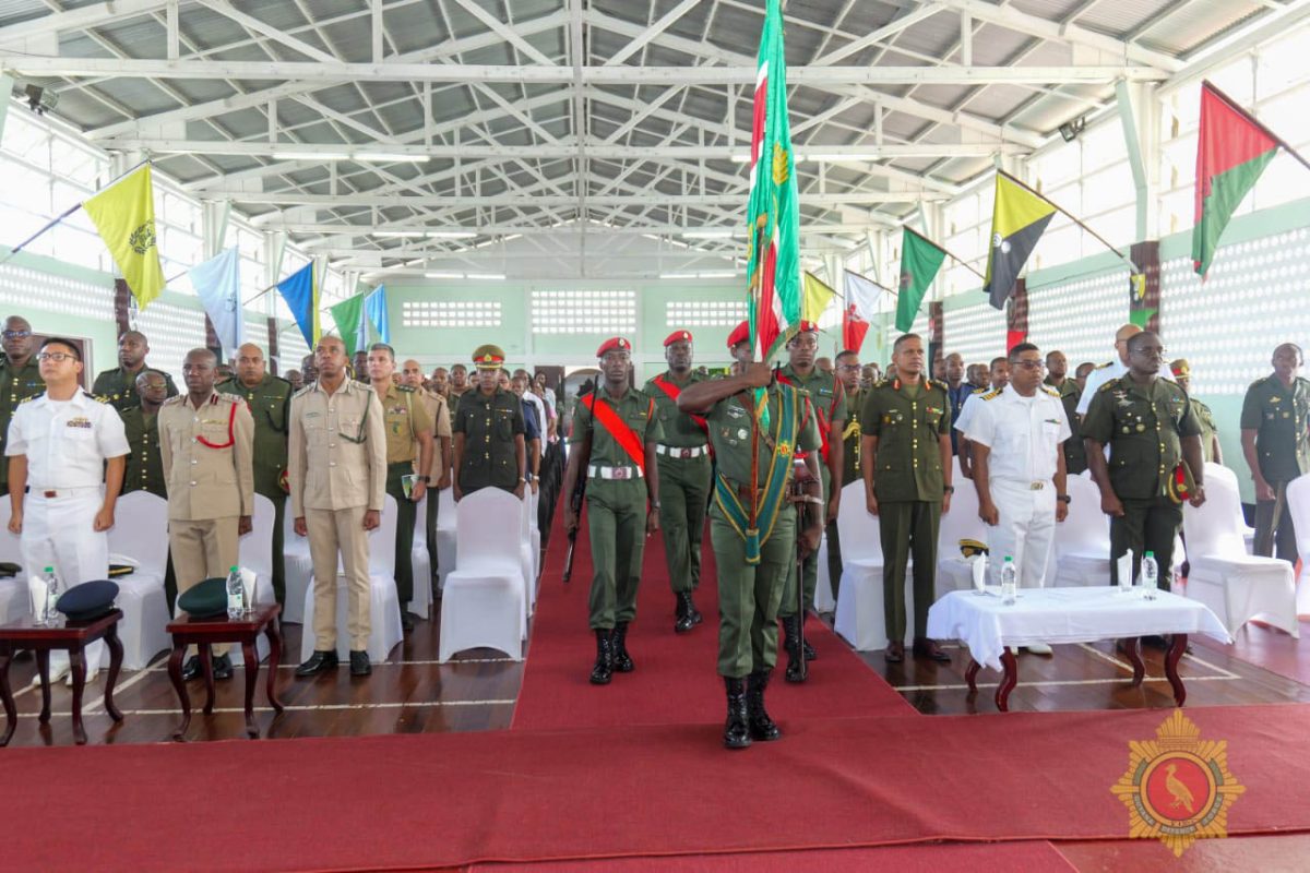 Marked by the tradition of the Commissioning Service, twenty-eight pairs of Officers’ Stars, soon to adorn the shoulders of the newest batch of graduates from the GDF Standard Officers Course, were carried with reverence for blessing. The service was held yesterday at the Auditorium, Base Camp Ayanganna.  The class of twenty-eight graduands include one member of the Trinidad and Tobago Defence Force, two from the Belize Defence Force, six from the Guyana Police Force, and eighteen from the Guyana Defence Force.  This GDF photo shows part of yesterday’s blessing.