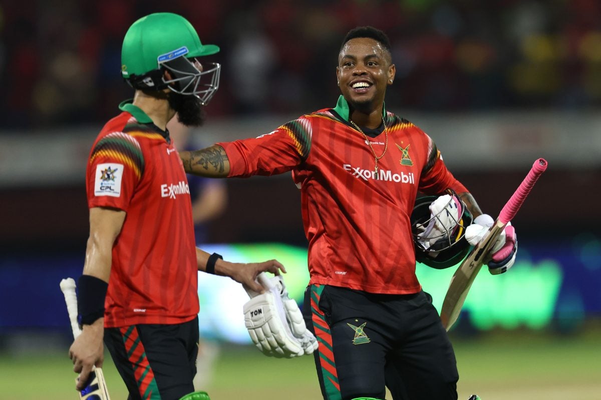 Shimron Hetmyer (R) and Moeen Ali (L) of Guyana Amazon Warriors react after the Men’s 2024 Republic Bank Caribbean Premier League semi final match between Barbados Royals and Guyana Amazon Warriors at Providence Stadium on October 04, 2024 in Georgetown, Guyana. (Photo by Ashley Allen – CPL T20/CPL T20 via Getty Images)
