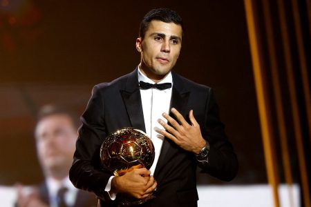 Spain's and Manchester City's Rodri with the Ballon d'Or REUTERS/Sarah Meyssonnier 