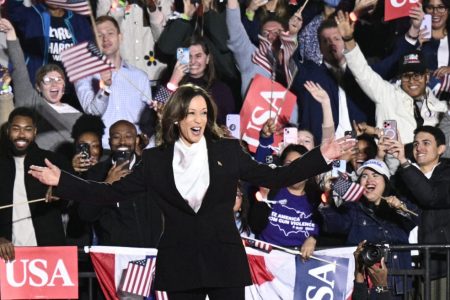 US Vice President and Democratic presidential candidate Kamala Harris gestures as she arrives to speak on The Ellipse, just south of the White House. Photo: AFP