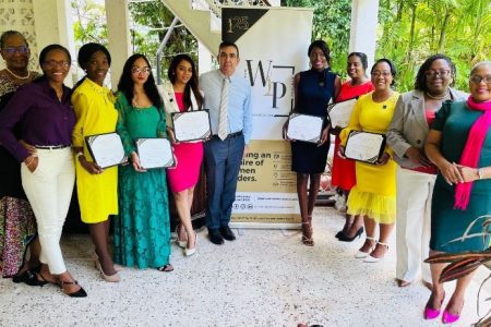 WLP Graduating Cohort 2024 with co-creators Michelle A. Nicholas and Lyndell Danzie-Black along with Jean-Jacques Forté, Chargé d’Affaires and Head of the French Diplomatic Bureau, and guest alums