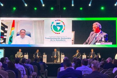 Agriculture Minister, Zulfikar Mustapha (left), virtually addressing the Regional Conference for Sustainable Livestock Transformation in Latin America and the Caribbean held in Punta del Este, Uruguay 