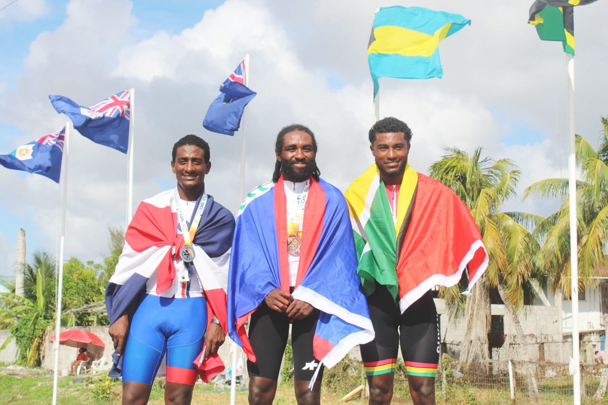 Guyana’s Briton John (right) captured the bronze medal in the Men’s Elite Road Race, with Corey Williams of Belize (centre) and Jesus Cespedes of the Dominican Republic claiming gold and silver, respectively