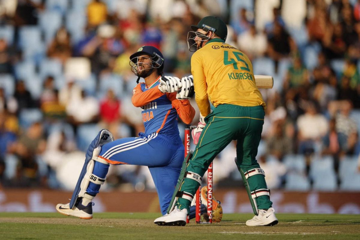 India’s Tilak Varma dispatches a delivery into the stands en route to his 100 (ESPN Cricinfo Photo)