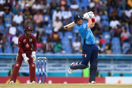 England captain Liam Livingstone smashes a delivery to the boundary during his imperious and unbeaten 124 (ESPN Cricinfo Photo).