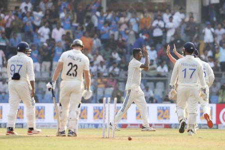 New Zealand’s Glenn Phillips is bowled by Ravichandran Ashwin for 26 (ESPN Cricinfo Photo).