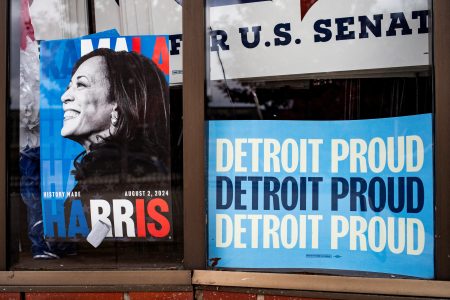 FILE PHOTO: Signs in support of Democratic presidential nominee U.S. Vice President Kamala Harris are displayed at a shop on Livernois Avenue in Detroit, Michigan, U.S., November 5, 2024. REUTERS/Emily Elconin/File Photo