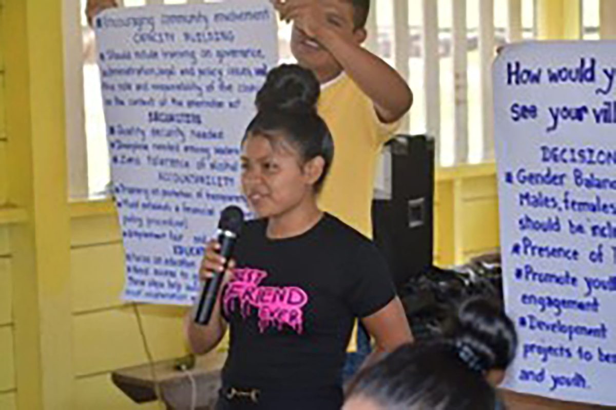 A participant making her contribution at the three-day leadership and governance workshop in Paruima Village, Upper Mazaruni District, Region Seven