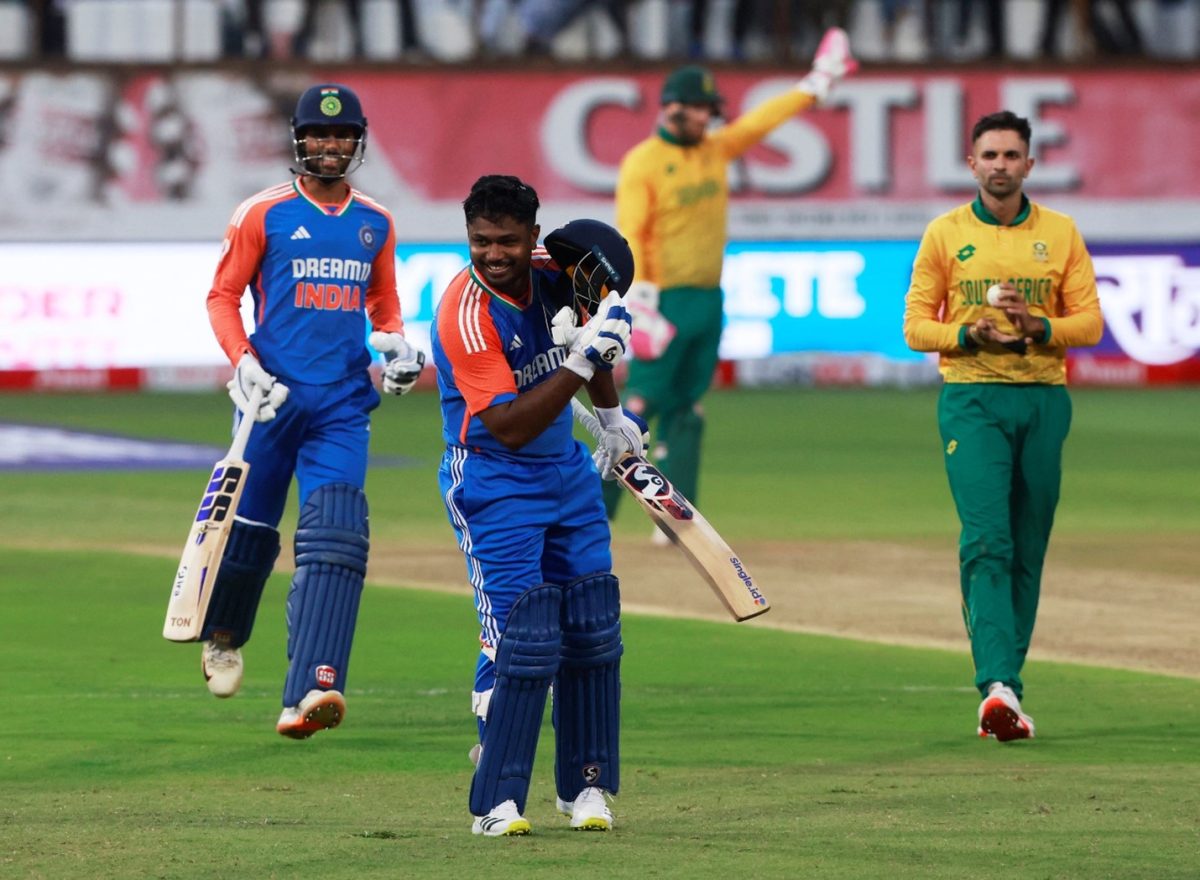 India's Sanju Samson celebrates after reaching his century REUTERS/Rogan Ward 