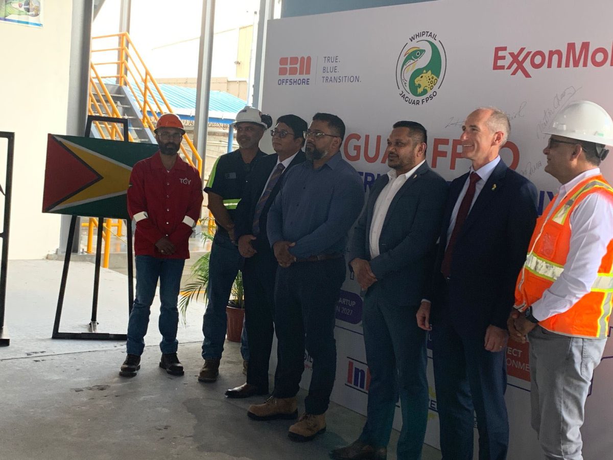 Representatives of the three fabricators posing for a photo along with Natural Resources Minister Vickram Bharrat, President of ExxonMobil Guyana Limited Alistair Routledge and other stakeholders. 