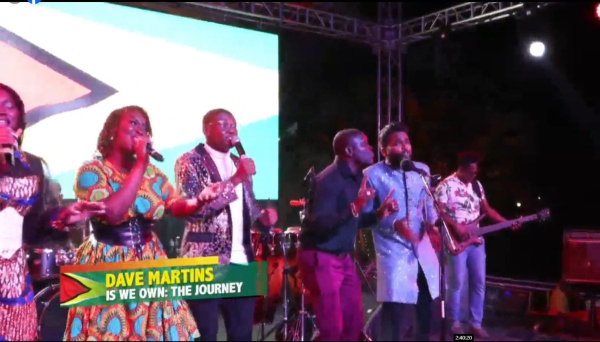 A rendition of calypsonian Dave Martins’ iconic `Not a blade of grass’ last evening at a celebration of his life at the Arthur Chung Conference Centre. The event was entitled: Dave Martins is we own- A Musical and Visual Journey. Martins passed away on August 18th at the age of 90.