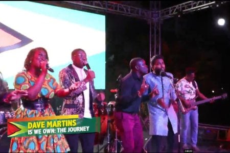 A rendition of calypsonian Dave Martins’ iconic `Not a blade of grass’ last evening at a celebration of his life at the Arthur Chung Conference Centre. The event was entitled: Dave Martins is we own- A Musical and Visual Journey. Martins passed away on August 18th at the age of 90.