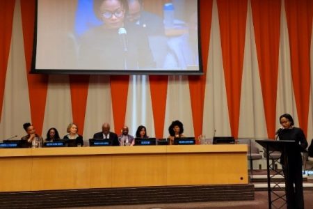 Minister of Tourism, Industry, and Commerce, Oneidge Walrond, addressing the high-level event in New York