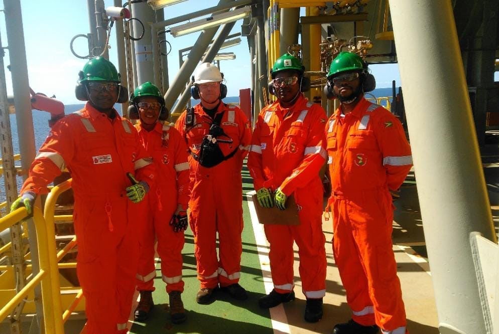 As part of its commitment to safeguarding workers’ rights and promoting workplace safety in the oil and gas Industry, the Ministry of Labour recently conducted a detailed inspection on board the FPSO Liza Destiny.  Led by Occupational Safety and Health Officer  Ray Hosannah and Labour Officer  Deniese Duncan, the ministry’s team reviewed the drillship’s Health, Safety, Security, and Environment (HSSE) policies, training and competence of personnel, emergency response systems, risk assessments, waste management, and record-keeping practices. Key topics such as the National Minimum Wage Order, working conditions, overtime regulations, termination protocols, probationary periods, notice periods, and leave with pay were also discussed with crew members. (Ministry of Labour photo)