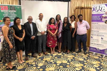 Minister of Health Dr Frank Anthony flanked by executives of the EFG at their 10th anniversary event at the Herdmanston Lodge