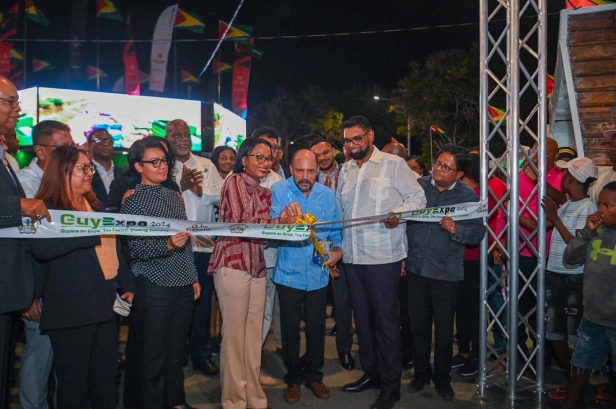  The ribbon cutting to open GuyExpo yesterday at the Sophia Exhibition Centre. President Irfaan Ali officially opened this year’s expo themed, “Guyana on Show: The Fastest Growing Economy”. It will run from November 15 to 17.   (Department of Public Information photo)