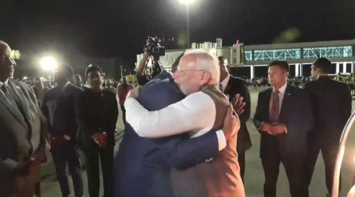 Indian PM Narendra Modi embraced President Irfaan Ali moments  after he deplaned at the Cheddi Jagan International Airport, Timehri. (Screenshot from NCN’s feed)