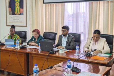 From left are UN Resident Coordinator, Jean Kamau; Minister of Parliamentary Affairs and Governance,  Gail Teixeira; MPAG Senior Research Officer Anil Persaud and  MPAG Special Projects Officer, Alicia Jerome-Reece