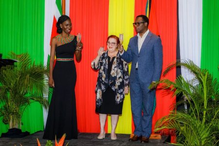 Suriname’s Ambassador  Liselle Blankendal (left) sharing a toast with Minister of Foreign Affairs, Hugh Todd (right) and Minister of Parliamentary Affairs, Gail Teixeira. (Suriname Guyana Chamber of Commerce photo)