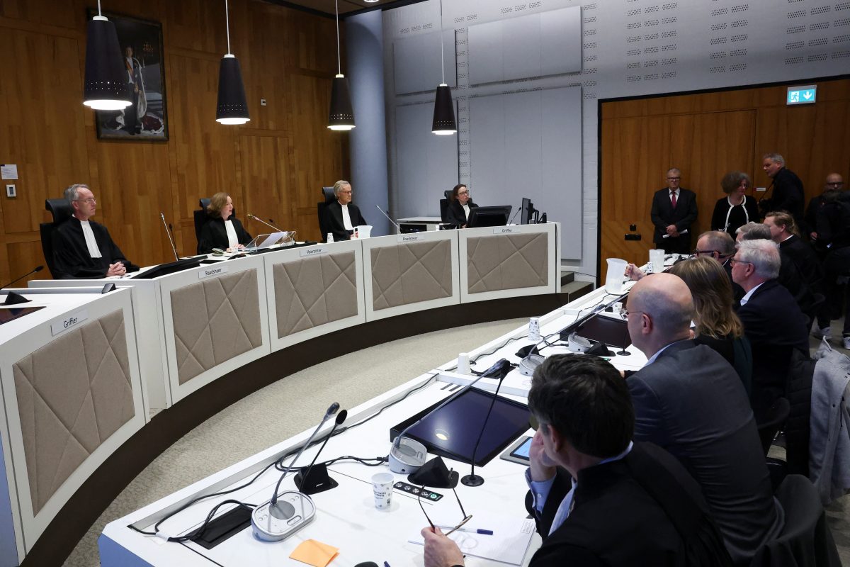 General view of the courtroom as a Dutch court rules in Shell’s appeal over a 2021 court order to drastically deepen planned greenhouse gas emission cuts, in The Hague, Netherlands November 12, 2024. REUTERS/Yves Herman