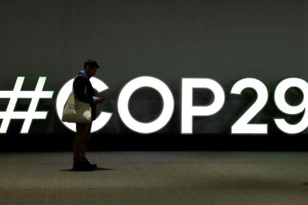 A man stands next to the logo of the COP29 United Nations climate change conference, in Baku, Azerbaijan November 20, 2024. REUTERS/Maxim Shemetov/File Photo