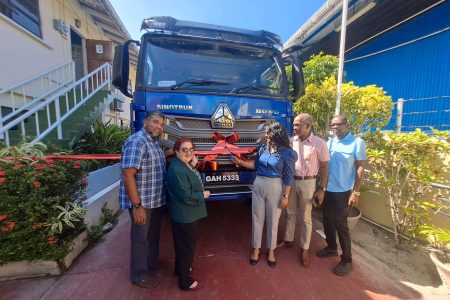 The new garbage truck that was handed over to the Bartica town council.