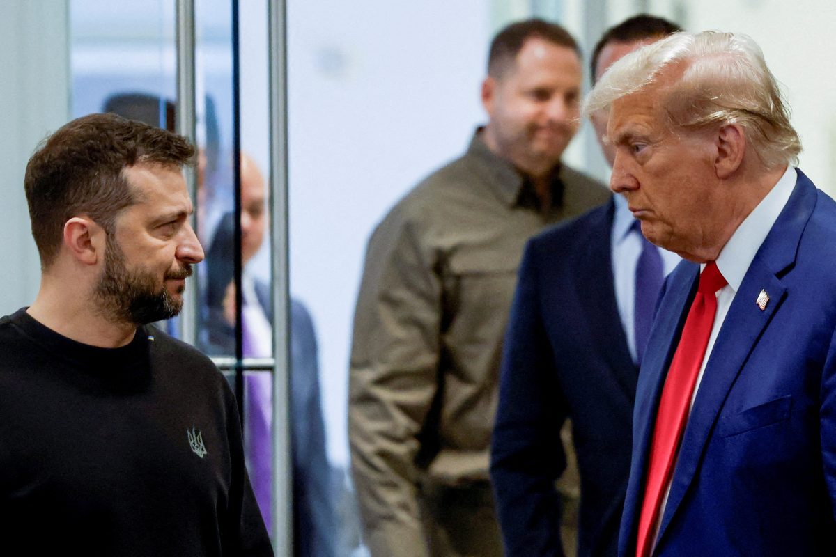 FILE PHOTO: Republican presidential nominee and former U.S. President Donald Trump and Ukraine's President Volodymyr Zelenskiy meet at Trump Tower in New York City, U.S., September 27, 2024.  REUTERS/Shannon Stapleton/File Photo