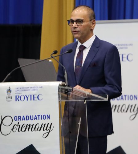 Appeal Court Judge Mark Mohammed as he gives the feature address during the UWI-ROYTEC graduation at the UWI Sport and Physical Education Centre, St Augustine, last Friday