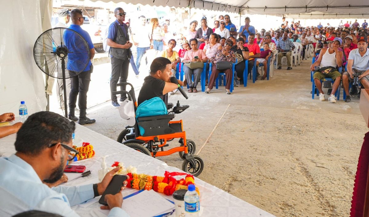 A member of the public speaking yesterday during President Irfaan Ali’s outreach to the Essequibo Coast. (Irfaan Ali Facebook page) 